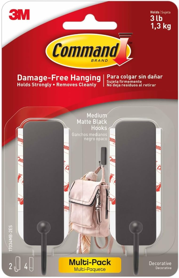 Command Medium Matte Black Wall Hook. 2 Coat Hooks and 4 Strips. Damage-Free Hanging with Adhesive. No Tools Great for Hanging Back to School Dorm Organizers. Holds up to 3 lb