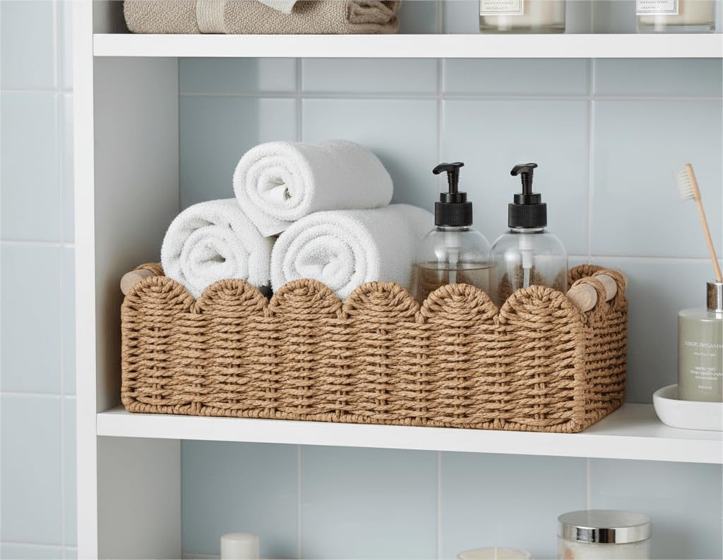 CubesLand Paper Rope Scalloped Edge Toilet Paper Storage Basket. Small Living Room. Bedroom Decor Baskets for Over Toilet Storage Shelf. End Table. Shelves and More. with 2 Wooden Handle. Neutral - Image 7