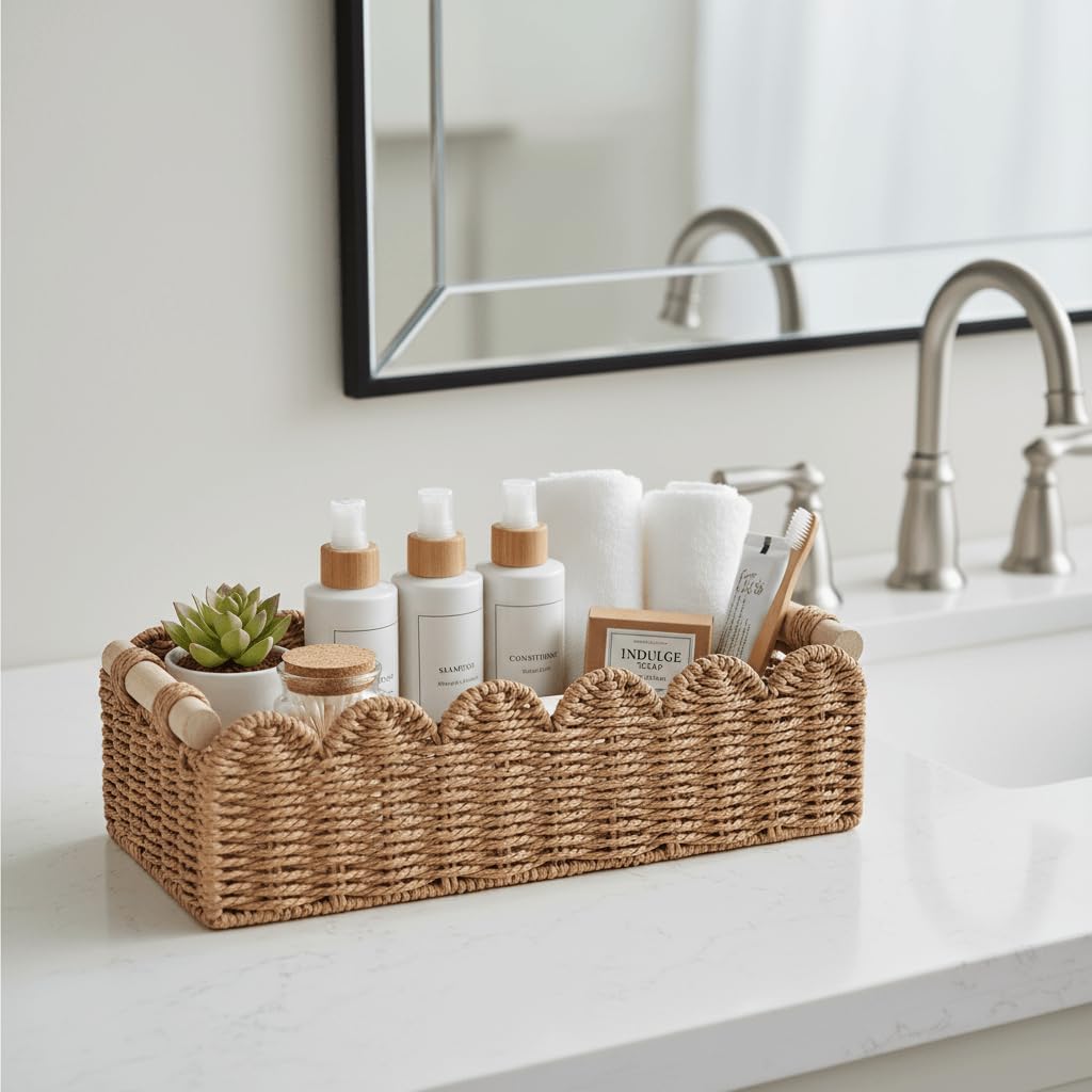 CubesLand Paper Rope Scalloped Edge Toilet Paper Storage Basket. Small Living Room. Bedroom Decor Baskets for Over Toilet Storage Shelf. End Table. Shelves and More. with 2 Wooden Handle. Neutral - Image 6