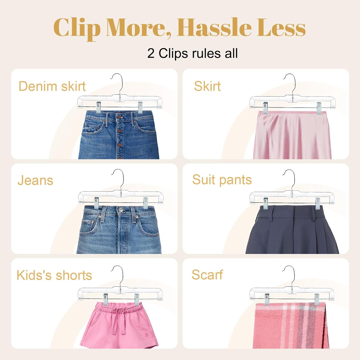 HOUSE DAY 12 Pack 14 inch Clear Plastic Skirt Hangers with Adjustable Clips. Pants Hangers 360-Rotating Swivel Hook. Clip Hangers for Pants. Trousers. Skirts. Jeans. Bulk Plastic Hangers - Image 6