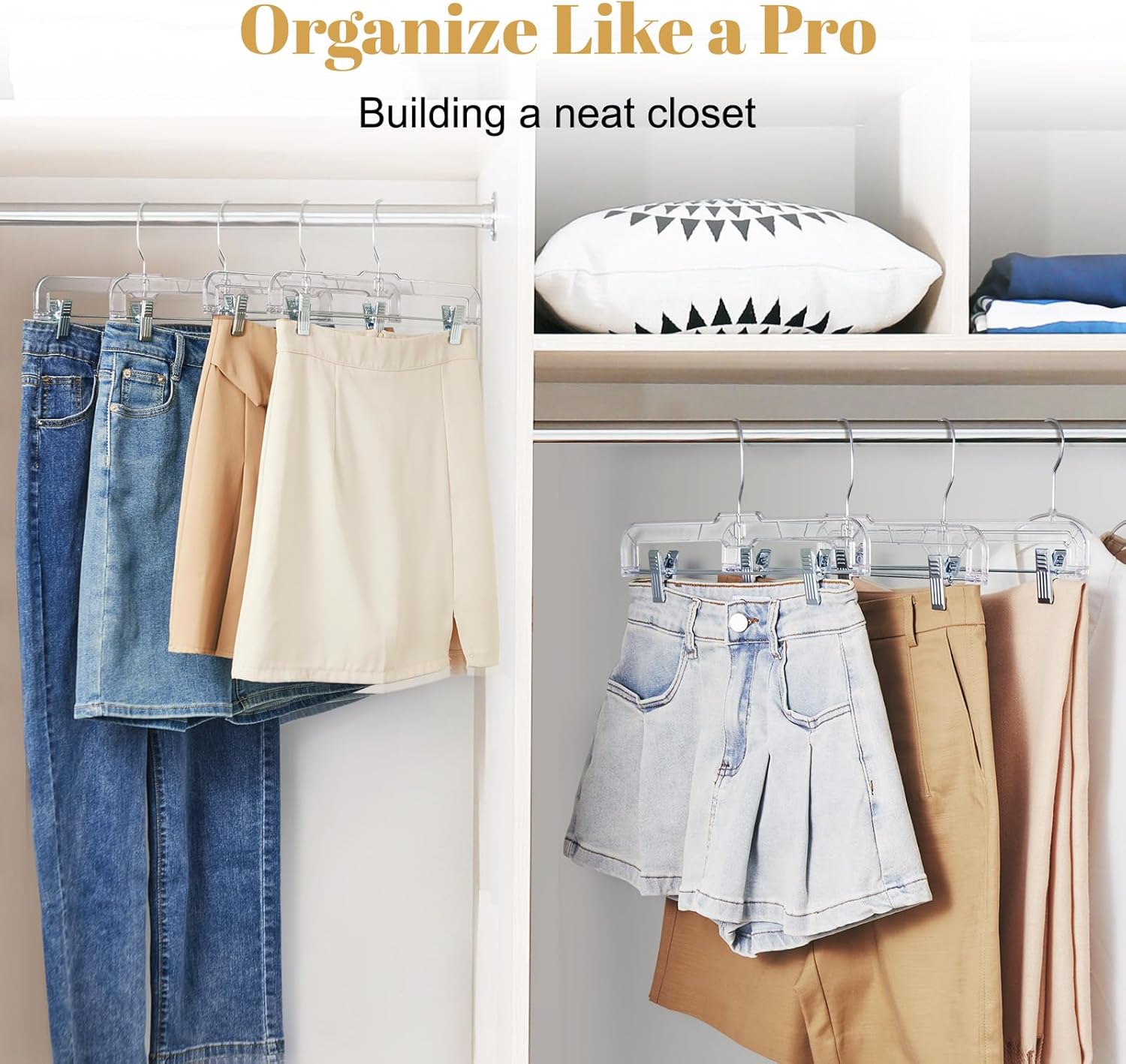 HOUSE DAY 12 Pack 14 inch Clear Plastic Skirt Hangers with Adjustable Clips. Pants Hangers 360-Rotating Swivel Hook. Clip Hangers for Pants. Trousers. Skirts. Jeans. Bulk Plastic Hangers - Image 8