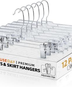 HOUSE DAY 12 Pack 14 inch Clear Plastic Skirt Hangers with Adjustable Clips. Pants Hangers 360-Rotating Swivel Hook. Clip Hangers for Pants. Trousers. Skirts. Jeans. Bulk Plastic Hangers