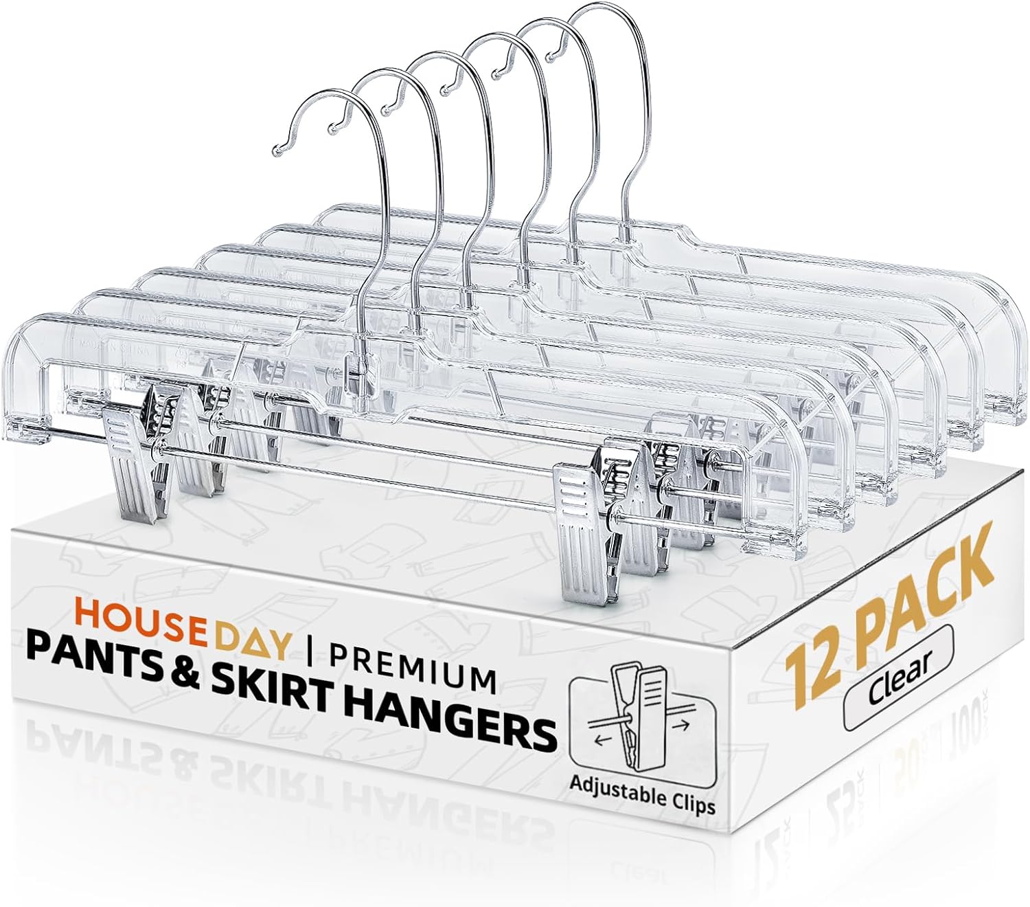 HOUSE DAY 12 Pack 14 inch Clear Plastic Skirt Hangers with Adjustable Clips. Pants Hangers 360-Rotating Swivel Hook. Clip Hangers for Pants. Trousers. Skirts. Jeans. Bulk Plastic Hangers