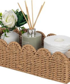 CubesLand Paper Rope Scalloped Edge Toilet Paper Storage Basket. Small Living Room. Bedroom Decor Baskets for Over Toilet Storage Shelf. End Table. Shelves and More. with 2 Wooden Handle. Neutral
