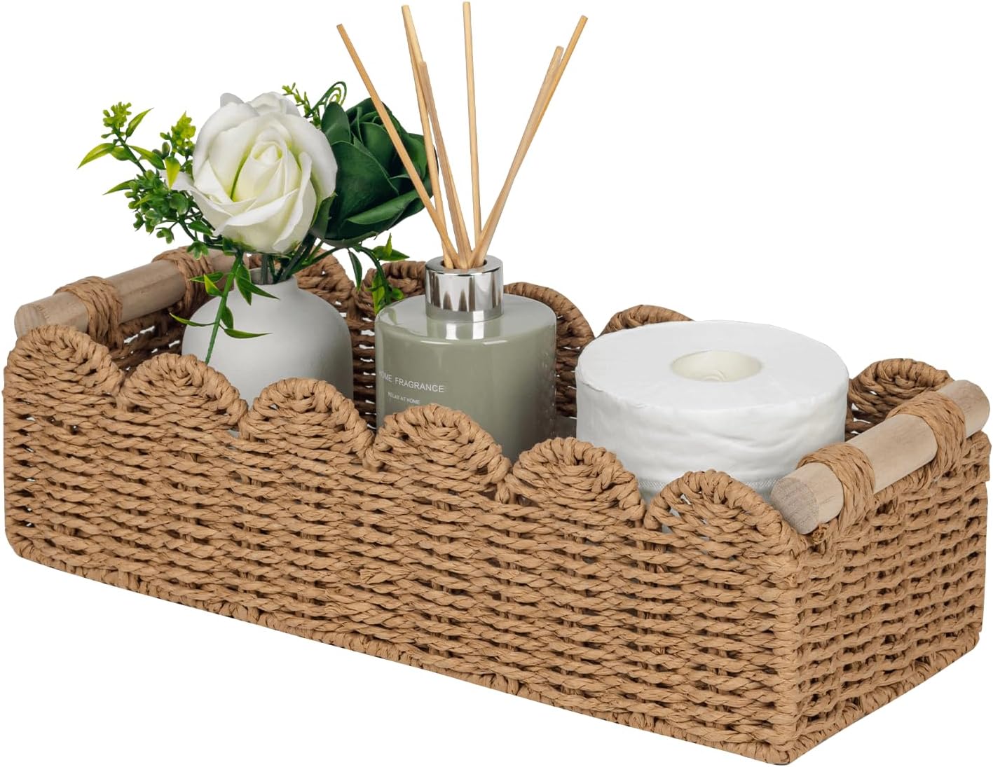 CubesLand Paper Rope Scalloped Edge Toilet Paper Storage Basket. Small Living Room. Bedroom Decor Baskets for Over Toilet Storage Shelf. End Table. Shelves and More. with 2 Wooden Handle. Neutral