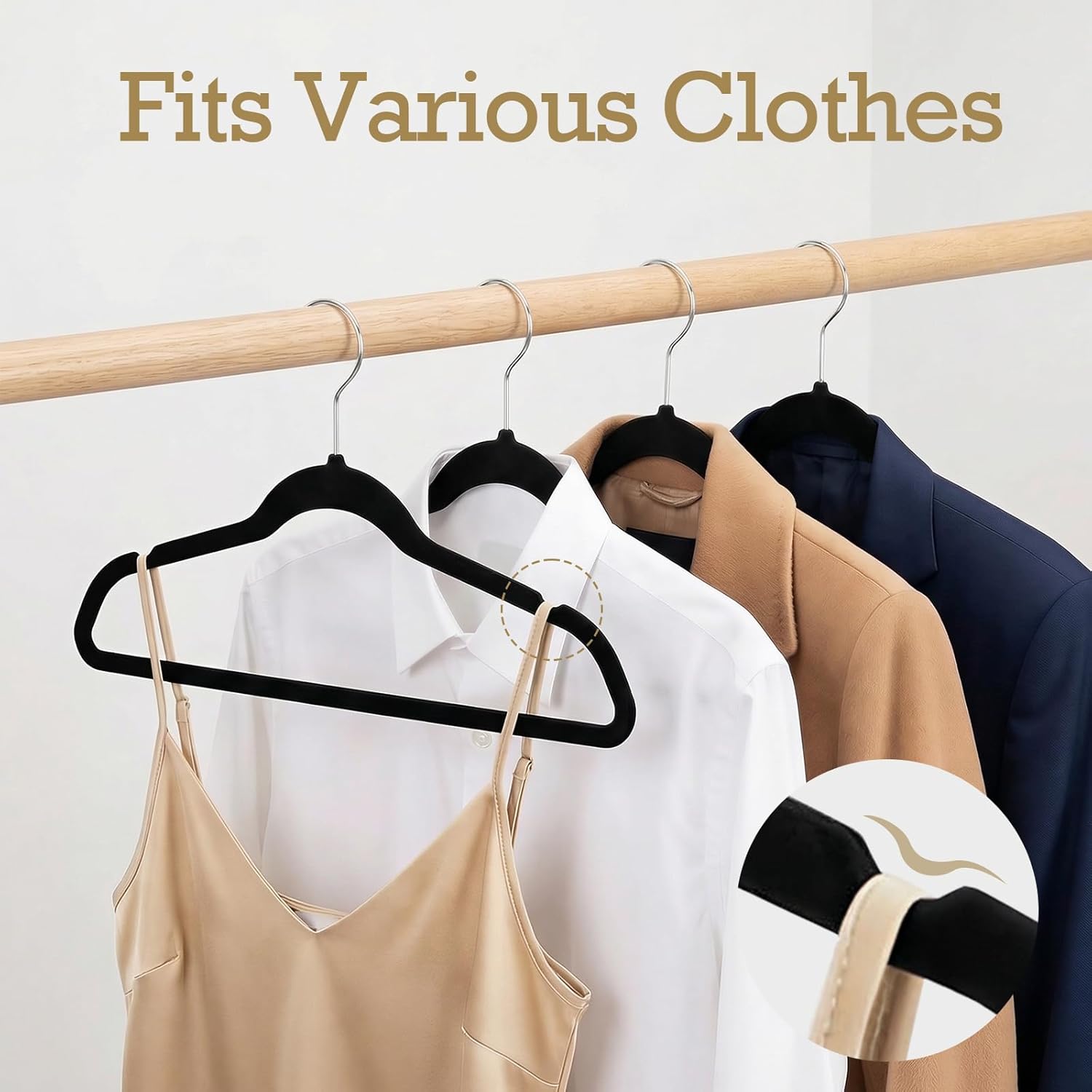 HOUSE DAY Black Velvet Hangers 60 Pack. Non Slip Clothes Felt Hanger Heavy Duty for Coat. Premium Slim Space Saving Suit Hangers for Closet Organizer. 360° Rotating Silver Hook - Image 4
