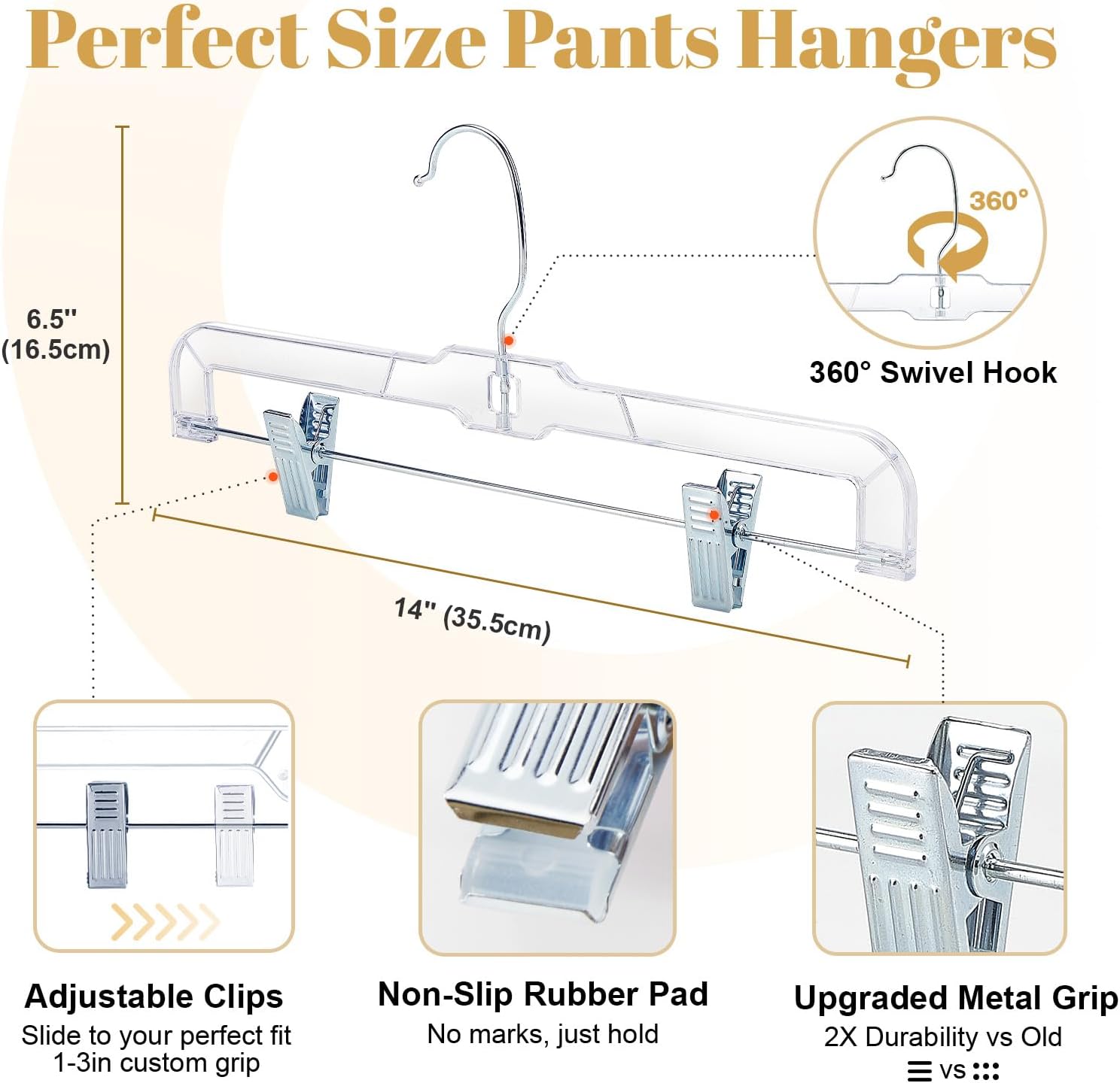 HOUSE DAY 12 Pack 14 inch Clear Plastic Skirt Hangers with Adjustable Clips. Pants Hangers 360-Rotating Swivel Hook. Clip Hangers for Pants. Trousers. Skirts. Jeans. Bulk Plastic Hangers - Image 9