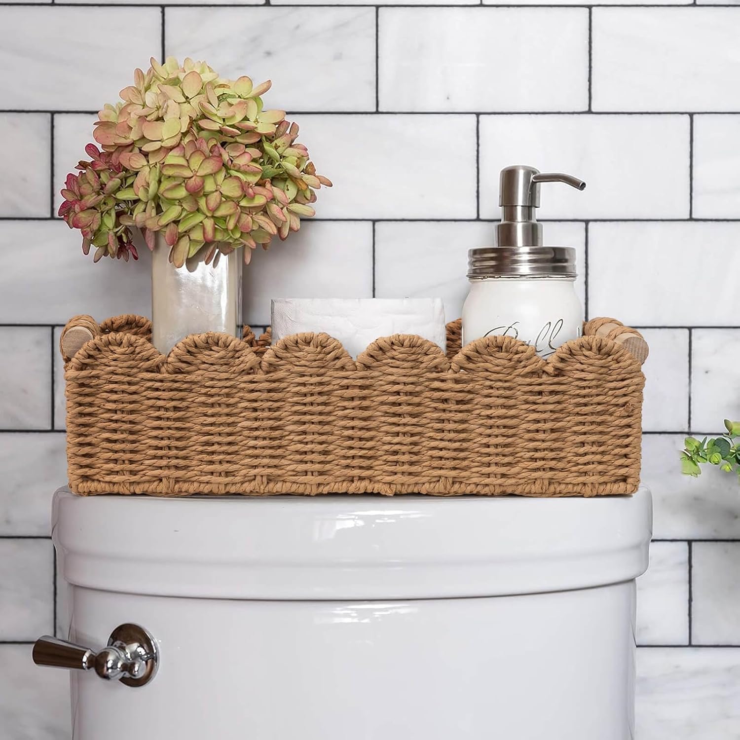CubesLand Paper Rope Scalloped Edge Toilet Paper Storage Basket. Small Living Room. Bedroom Decor Baskets for Over Toilet Storage Shelf. End Table. Shelves and More. with 2 Wooden Handle. Neutral - Image 9