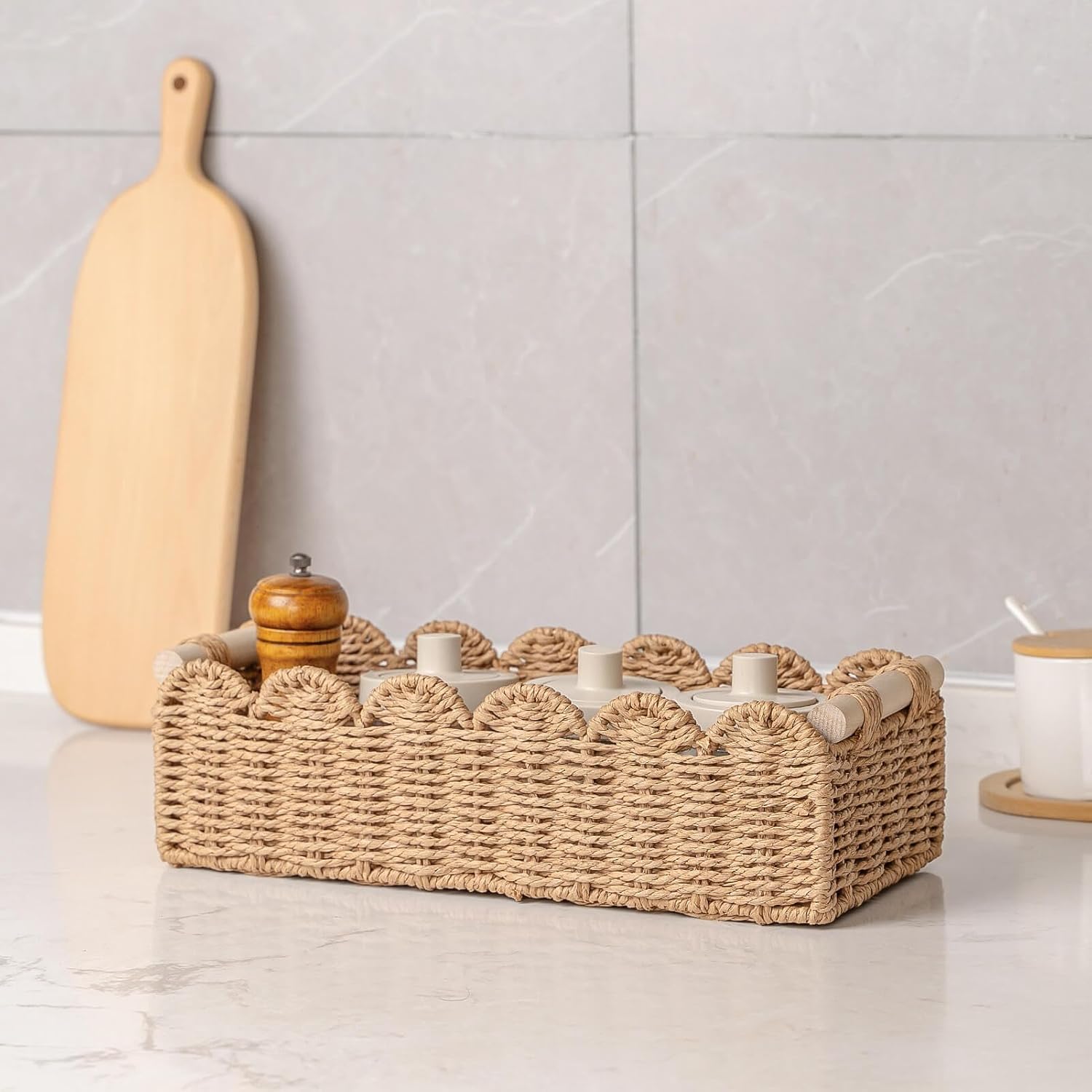 CubesLand Paper Rope Scalloped Edge Toilet Paper Storage Basket. Small Living Room. Bedroom Decor Baskets for Over Toilet Storage Shelf. End Table. Shelves and More. with 2 Wooden Handle. Neutral - Image 8