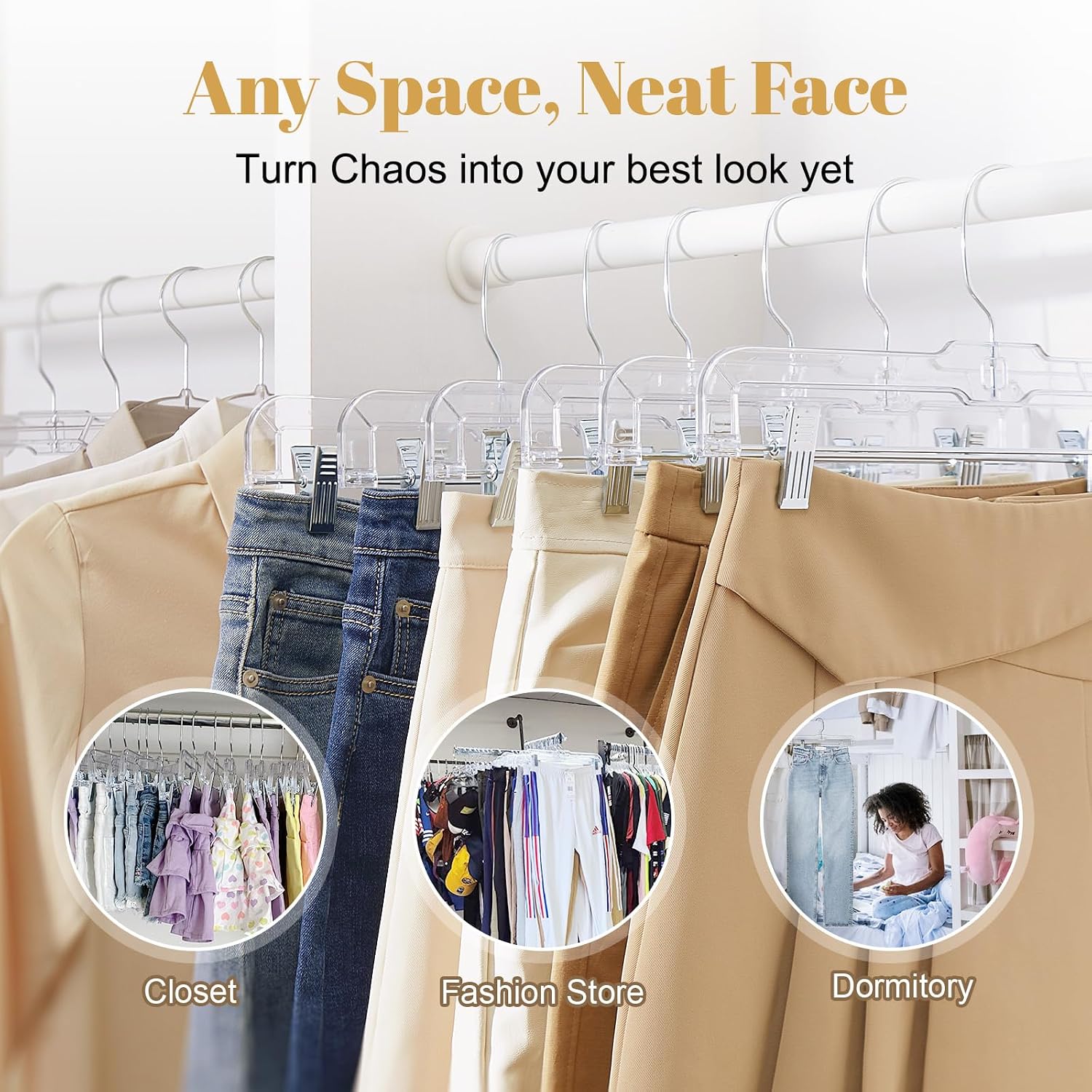HOUSE DAY 12 Pack 14 inch Clear Plastic Skirt Hangers with Adjustable Clips. Pants Hangers 360-Rotating Swivel Hook. Clip Hangers for Pants. Trousers. Skirts. Jeans. Bulk Plastic Hangers - Image 7