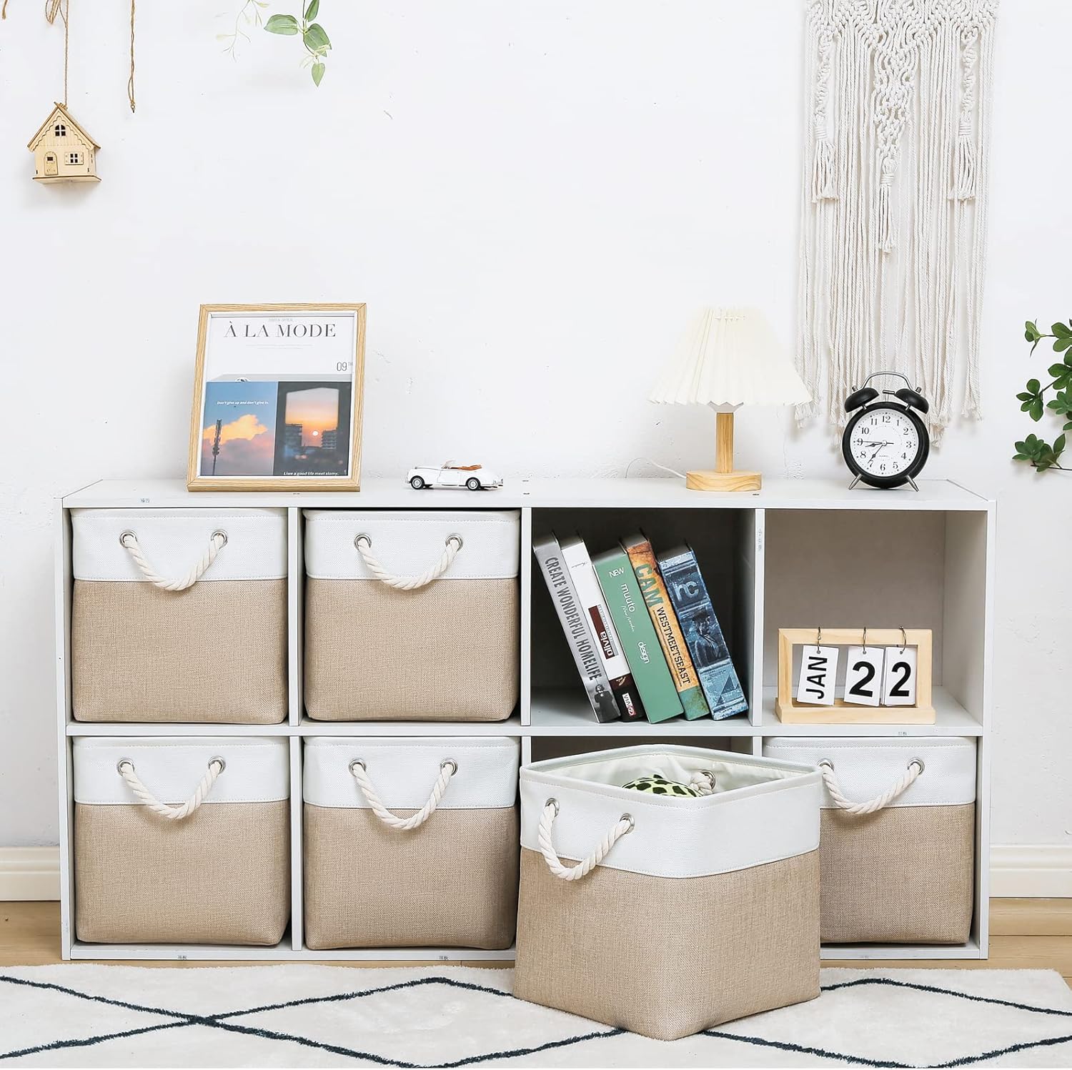 MidmmVick 11 x 11 Inch Cube Storage Bins. 6 Pack Large Collapsible Fabric Storage Bin with Ropes. Foldable Storage Cubes for Home. Office.Closet. Clothes. Toys Organizer (White & Beige-11x11x11) - Image 2