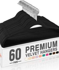 HOUSE DAY Black Velvet Hangers 60 Pack. Non Slip Clothes Felt Hanger Heavy Duty for Coat. Premium Slim Space Saving Suit Hangers for Closet Organizer. 360° Rotating Silver Hook
